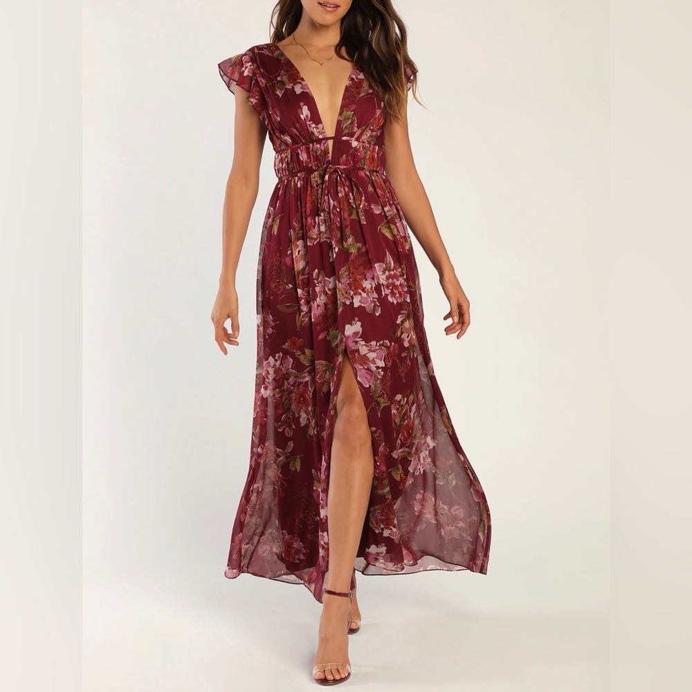 Lulus I'm All Yours Burgundy Plum Floral Print Ruffled Maxi Dress
